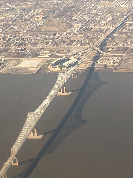 An aerial view of the Commodore Barry Bridge