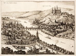 Panorama von Würzburg mit der Festung Marienberg. Matthäus Merian in Cornelis Danckerts: Historis, 1642.