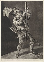 A Dutch illustration showing a man celebrating the capture of Namur in 1695 by setting off fireworks De man met de vuurpijl De algemene blijdschap om de inname van Namen door stadhouder Willem III, koning van Engeland, september 1695 (serietitel), RP-P-BI-7285.jpg