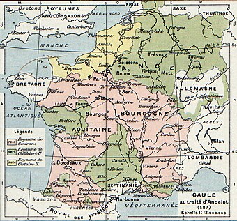 The kingdom of Chlothar at the start of his reign (yellow). By 613 he had inherited or conquered all of the coloured portions of the map.