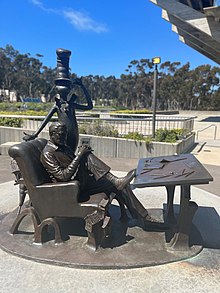 Bronze statue of Dr. Seuss and his character The Cat in the Hat DrSeussStatue.jpg