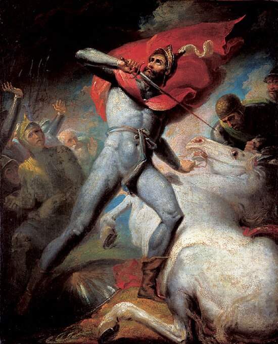 Painting by Henry Tresham depicting Warwick cutting the throat of his own horse and vowing not to abandon the battlefield prior to the Battle of Towto