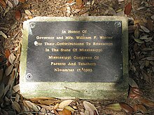 Plaque at the Mississippi State Capitol honoring Winter's and his wife's contributions to public education Education plaque for Governor Winter and First Lady.jpg