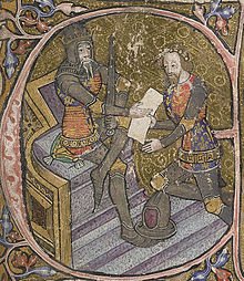 Edward, the Black Prince is granted Aquitaine by his father King Edward III. Initial letter "E" of miniature, 1390; British Library, shelfmark: Cotton MS Nero D VI, f.31 Edward III Black Prince 14thc.jpg