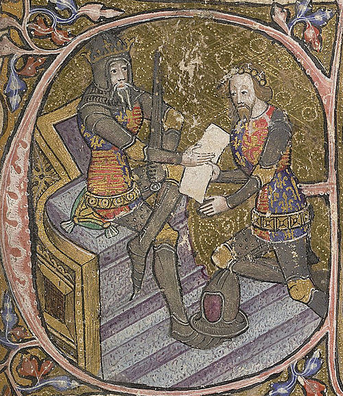 Edward is granted Aquitaine by his father King Edward III. Initial letter "E" of miniature, 1390; British Library, shelfmark: Cotton MS Nero D VI, f.3