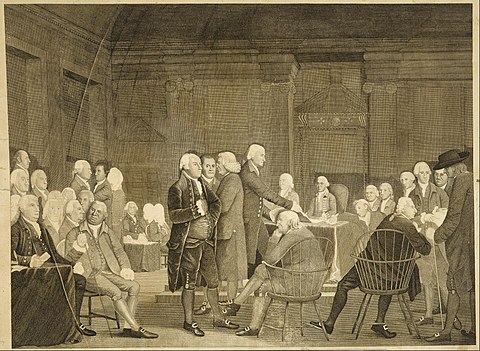 Robert Edge Pine's 1795 painting Congress Voting Independence depicts the Assembly Room as it appeared in the Revolutionary era[17]