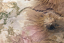 This mosaic of two astronaut photographs taken from the ISS illustrates the proximity of Arequipa to Misti, just 17 km away (2009). El Misti Volcano and Arequipa, Peru.jpg