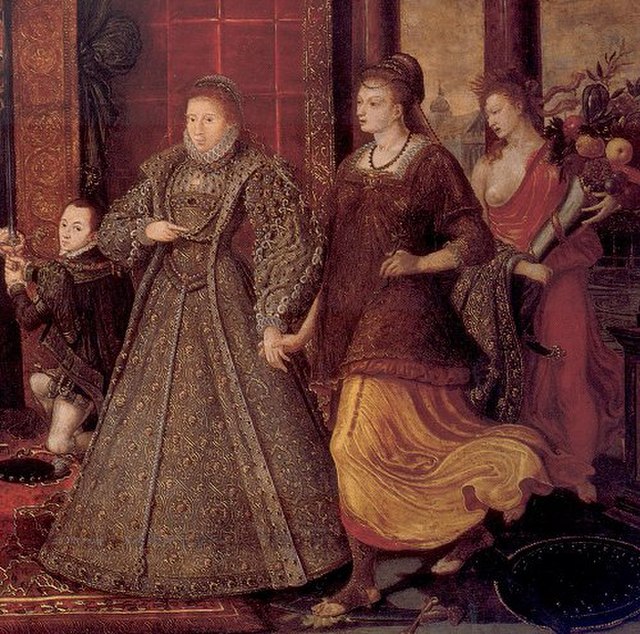 "Elizabeth ushers in Peace and Plenty." Detail from The Family of Henry VIII: An Allegory of the Tudor Succession, c. 1572, attributed to Lucas de Hee