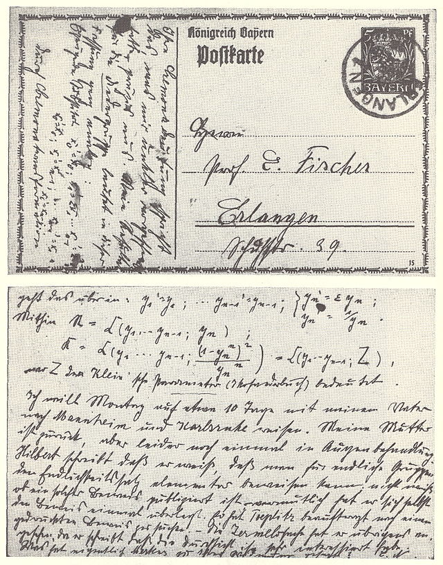 Una cartolina del 1915 da una dei pionieri dell'algebra commutativa, Emmy Noether, a E. Fischer, discutendo il suo lavoro in algebra commutativa.