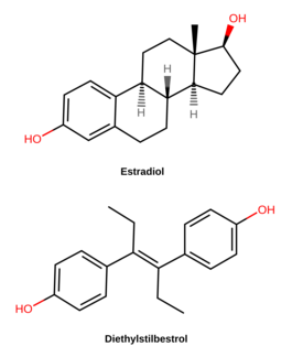 Chemical structures of estradiol and DES. Note the preservation of the two hydroxyl groups in DES and the similar distance between them relative to estradiol, which is notable when it is considered that DES was discovered serendipitously. Estradiol and diethylstilbestrol.png