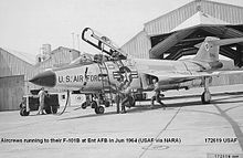 A 84th FIS McDonnell F-101B-120-MC Voodoo, AF Ser. No 59-0461, erroneously captioned as being at Ent AFB, Colorado in 1964. Ent AFB never contained an airfield; the photo was probably taken at alert facilities at Hamilton AFB or Oxnard AFB, California in 1964. F-101b-84fis.jpg