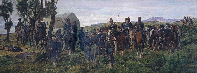 149 Episode from the Battle of Custoza. The Wounded Prince Amedeo Is Escorted to an Ambulance label QS:Len,"Episode from the Battle of Custoza. The Wounded Prince Amedeo Is Escorted to an Ambulance" 1868 (or 1870)