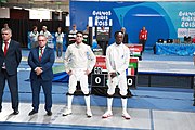 Deutsch: Fechten bei den Olympischen Jugend-Sommerspielen 2018: Tag 1, 7. Oktober 2018, Jungen, Säbel, Viertelfinale - Samuel Jarry (FRA) - Mazen Elaraby (EGY) 14:15 English: Fencing at the 2018 Summer Youth Olympics at 7 October 2018 – Boys' sabre Quarterfinals – Samuel Jarry (FRA) Vs Mazen Elaraby (EGY) 14:15