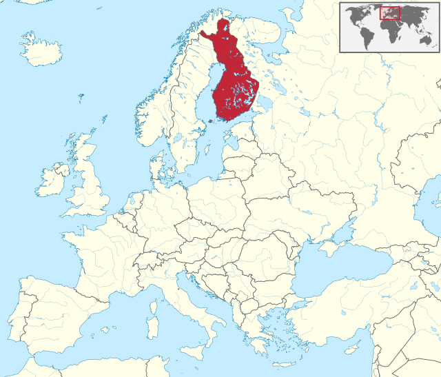 Carte administrative de l'Europe, montrant la Finlande en rouge.