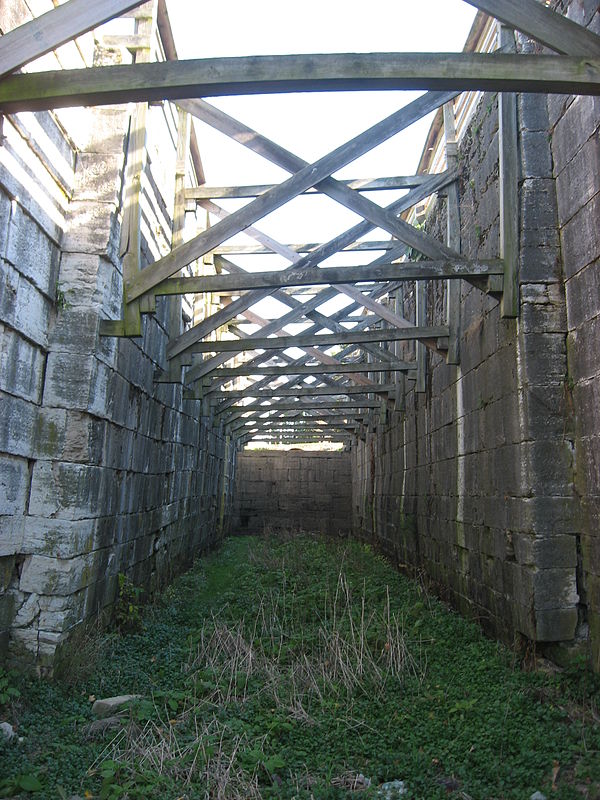 Interior of one of the Lockington Locks. Braces have been installed to prevent the lock from caving in