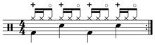 Four-four pattern with open (o) and closed (+) hi-hat (see: percussion notation) play Four-four pattern with open and closed hi-hats.png