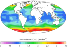 Sea-surface freon levels measured by the Global Ocean Data Analysis Project. Projected using the Mollweide projection. GLODAP sea-surf CFC12 AYool.png