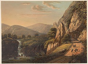 A romantic view of a waterfall and country road in Preanger (Parahyangan) region near Sumedang, 1869 Gezicht op een waterval en landweg in Preanger op Java In het Sumandansche. (Preanger regentschappen.) (titel op object), RP-P-1975-211.jpg