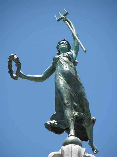 Goddess of Victory atop the Dewey Monument. Legend holds that Aitken hired Alma de Bretteville Spreckels to model for the statue, but Aitken's model w