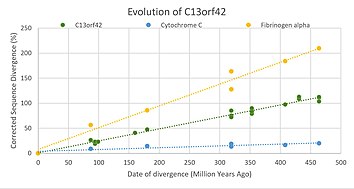Corrected Divergence vs. Date of Divergence (MYA) of C13orf42 compared to Cytochrome C and Fibrinogen alpha. Graph of C13orf42 evolution compared to Cytochrome C and Fibrinogen Alpha.jpg