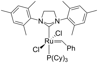 Second generation Grubbs catalyst is a transition metal NHC complex, is useful for alkene metathesis reactions. Grubbs catalyst Gen2.svg