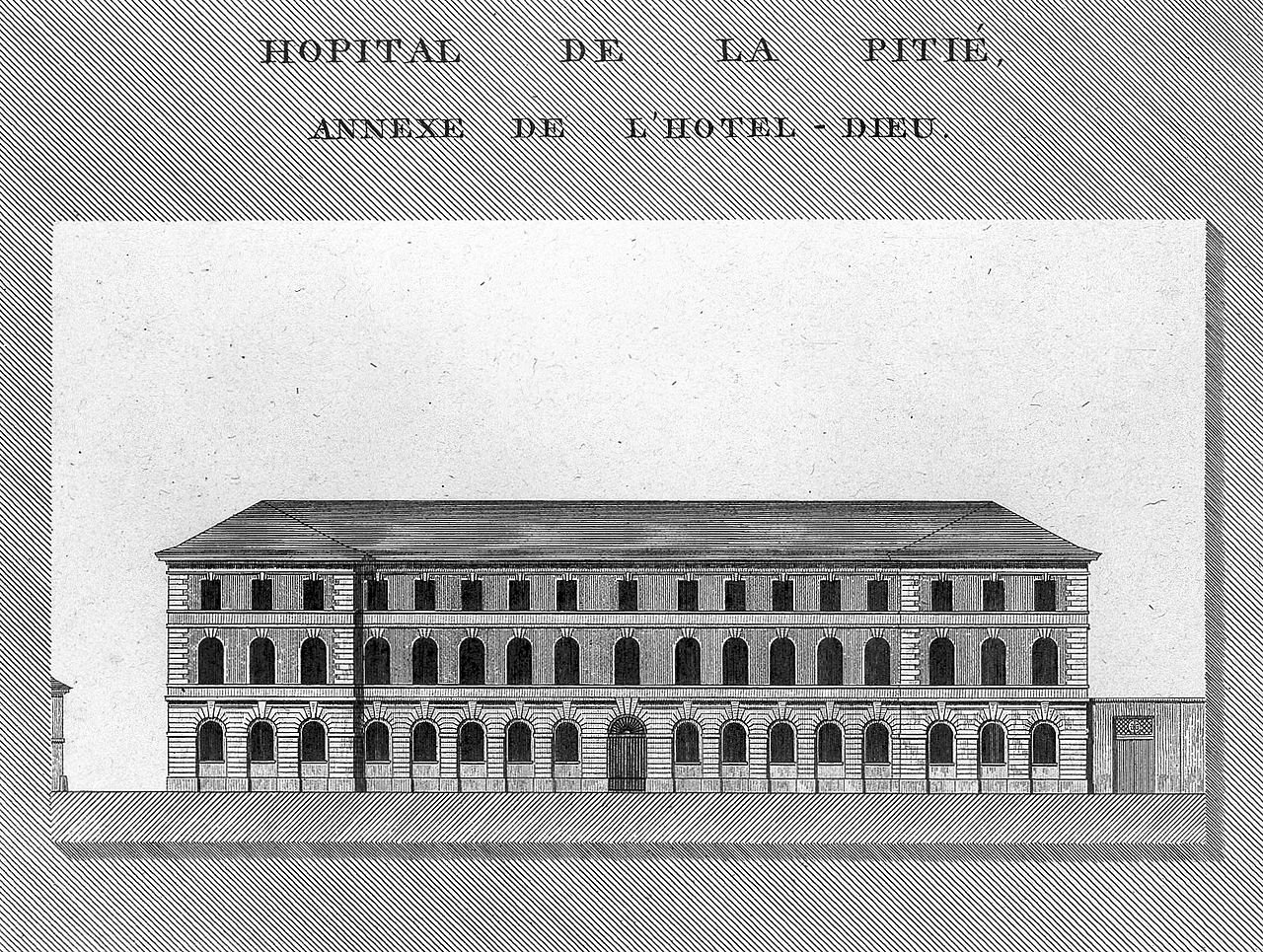 Paris - Hôpital de la Pitié 1280px-H%C3%B4pital_de_la_Piti%C3%A9%2C_Paris%3B_facade_and_floor_plan._Line_engr_Wellcome_L0014921
