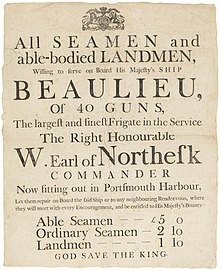 A printed recruitment poster for the ship that reads "All Seamen and able-bodied Landmen, Willing to serve on Board His Majesty's Ship Beaulieu, Of 40 Guns, The largest and finest Frigate in the Service The Right Honourable W. Earl of Northesk Commander Now fitting out in Portsmouth Harbour, Let them repair on Board the said Ship or to any neighbouring Rendezvous, where they will be met with every Encouragement, and be entitled to His Majesty's Bounty: Able Seamen £5 0 Ordinary Seamen £2 10 Landmen £1 10 God Save The King"