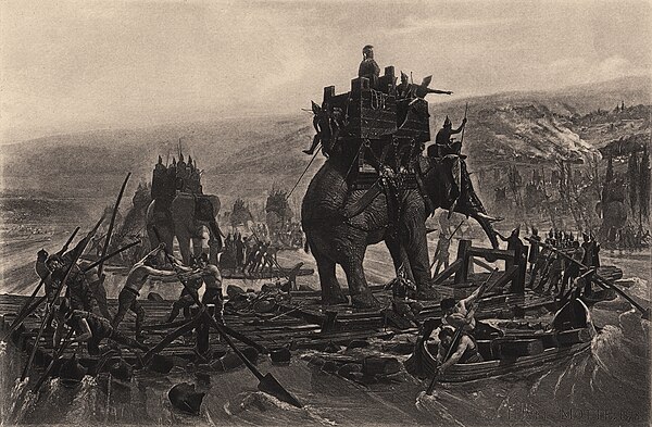 War elephants depicted in Hannibal crossing the Rhône (1878), by Henri Motte
