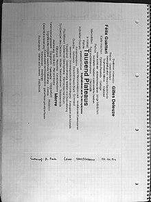 Heidi Paris: initial cover draft for the German edition of "A Thousand Plateaus" by Gilles Deleuze and Felix Guattari, dated Nov 14 1991 Heidi Paris - Tausend Plateaus - Coverentwurf 1991.jpg