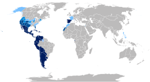 Мапа іспаномовного світу, з територіями іспаномовної більшості та меншини.