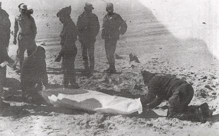 Egyptian soldiers gather Israeli soldiers' bodies killed during the Battle of Ismailia.