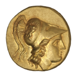 Статер Македонского царства, отчеканенный между 332 и 323 годами до н. э., с изображением Афины в коринфском шлеме на аверсе[1] 