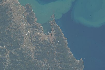 Monte Parodi, forested mountains above of Cinque Terre coast, La Spezia, village Quaratica and other villages from above (ISS photo), Mediterranean Sea