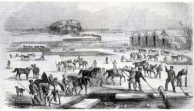 Ice harvesting in Massachusetts, 1852, showing the railroad line in the background, used to transport the ice.