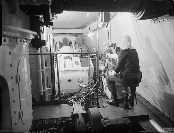 Interior of one of the 14-inch turrets, looking forward from the gunloading cage