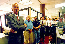 Chronicle CEO John Sias announces the sale of the newspaper to the Hearst Corporation, August 6, 1999. JOHNSIAS1999.jpg