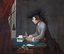 Le Faiseur de Chateaux de Cartes (Boy Building a House of Cards) by Jean-Baptiste-Simeon Chardin, 1735 Jean-Simeon Chardin, Boy Building a House of Cards, 1735 at Waddesdon Manor.jpg