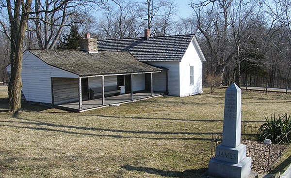 Jesse James Farm in Kearney, Missouri. The original farmhouse is on the left and an addition on the right was expanded after Jesse James died. Across 