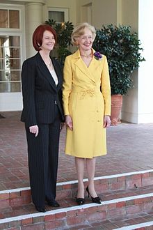 Governor-General Quentin Bryce (right) stands with Prime Minister Julia Gillard - the first women to hold these respective offices in Australian history, Julia Gillard and Quentin Bryce.jpg