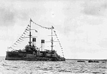 Knyaz Suvorov was sunk by Japanese torpedo boats during the Russo-Japanese War. Knyaz'Suvorov1904Reval.jpg