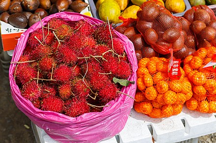 Rambutan (the red, hairy fruit), with salak (snake fruit) behind it; rambutan are ripest when their skins are a vivid red