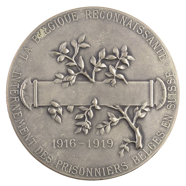 File:La Belgique Reconnaissante Internement des Prisonniers Belges en Suisse 1916-1919, medal by Pierre Theunis, Belgium, 1919, Coins and Medals Department of the Royal Library of Belgium, 2Lef87-66 (verso).jpg