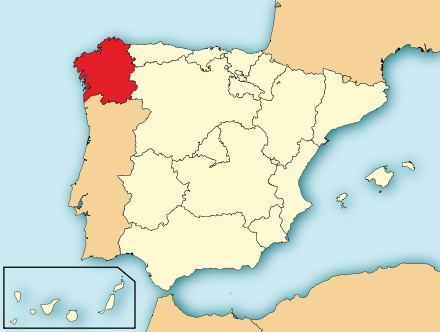 The Spanish region of Galicia (red) lies north of Portugal and shares a cultural history of saudade.