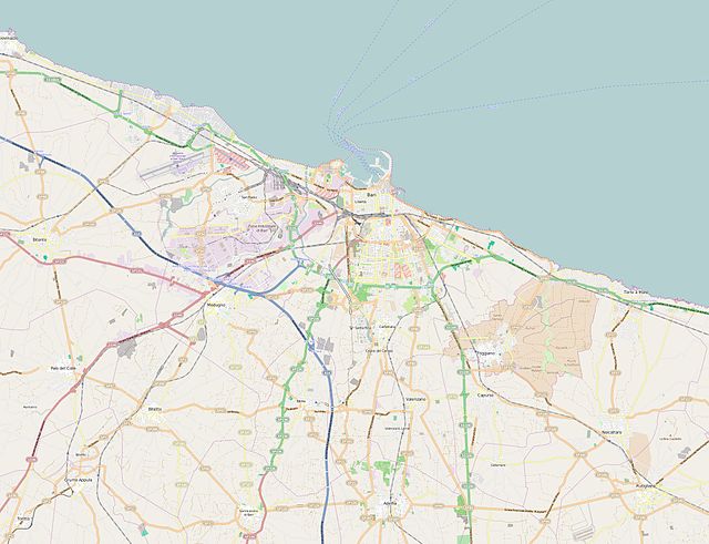 Mapa konturowa Bari, w centrum znajduje się punkt z opisem „Cerkiew św. Mikołaja”