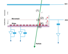 Working principle of a Micromegas detector. An electron/ion pair is created (1), and electron drifts (2) to the cathode. Close to a mesh (3) is undergoes an avalanche process (4), which is detected in the intended electrode (5). MMPrincipe.png