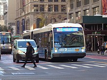 A Chelsea Piers-bound M23 SBS bus at Park Avenue in November 2017, shortly after Select Bus Service was implemented MTA 23 St Park Av 01.jpg