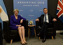 May with the President of Argentina, Mauricio Macri during the 2018 G20 Buenos Aires summit. May is the first British prime minister to visit Buenos Aires after the Falklands War. Macri y May en el G20.jpg