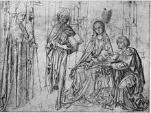 The Stockholm drawing, attributed to the Master of the Coburger Rundblatter, likely shows the portion of the altarpiece to the left of the Magdalen. The kneeling figure to the far right is probably Saint John the Evangelist, some of whose red drapery can be seen in the London fragment. Mary's position on the lower right hand corner (out of view) is guessed at by Ward from van der Weyden's positioning of similar figures in other works. Madonna and Child with Saints Master of the Koberger.JPG