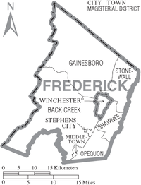 Map of Winchester, Virginia, and the surrounding Frederick County (Winchester is independent of the county but is the county seat). Map of Frederick County, Virginia with Municipal and District Labels.png