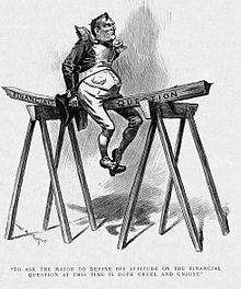 Before the 1896 convention, McKinley tried to avoid coming down on one side or the other of the currency question. William Allen Rogers's cartoon from Harper's Weekly, June 1896, showing McKinley riding the rail of the currency question. McKinley straddle.jpg